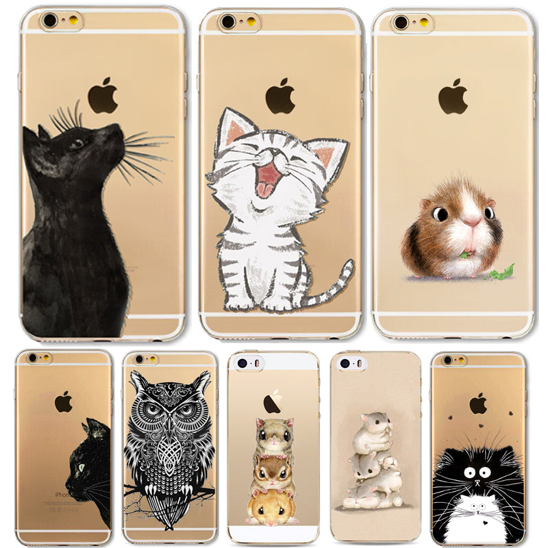 Cute Cat Phone Case For Apple iPhone 6 6S 5 5S SE Soft TPU Silicon Transparent Cover Cute Cat Owl Animal Phone Cases for iPhone
