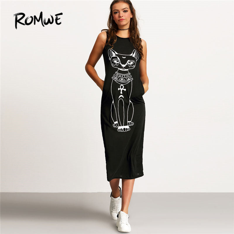 ROMWE Cat Print Sleeveless Dress Women