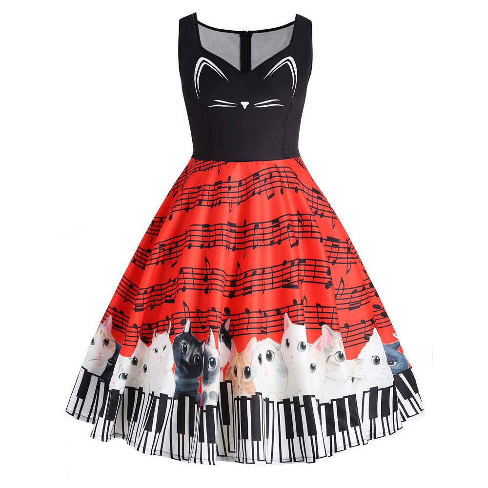 High Quality Women Ladies Dress Cat Musical Note