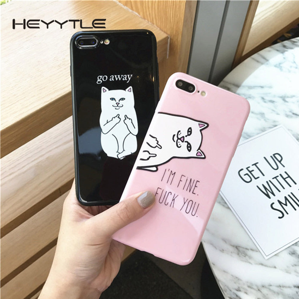 Heyytle Funny Cat Lovers Phone Case For Apple iPhone 8 7 6S 6 Plus Middle Finger Cute TPU Back Cover Cases With Lanyard Hole